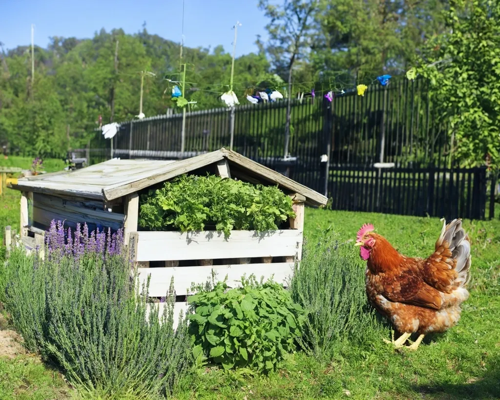 chicken-coop with mint, lavender and basil herbs planted around it