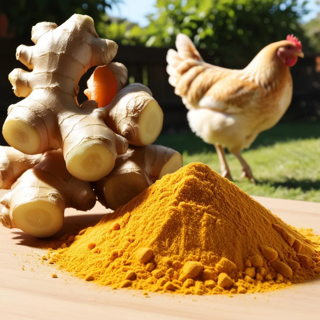 image of ginger, ginger powder, and a strong healthy chicken walking around in distance