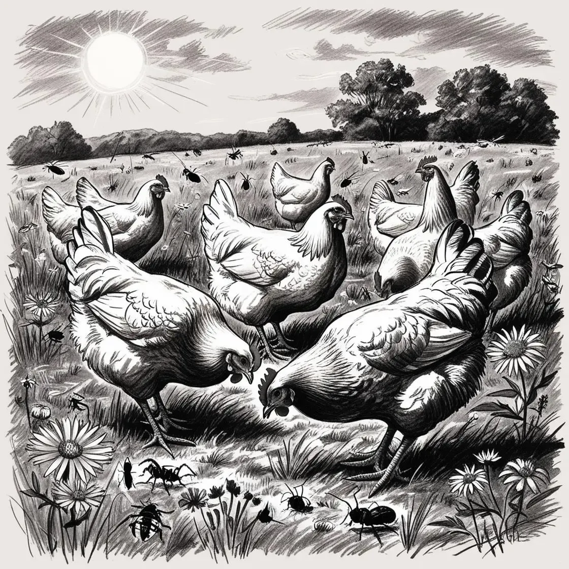 Free-Range Chickens in a farm land with flowers and bug